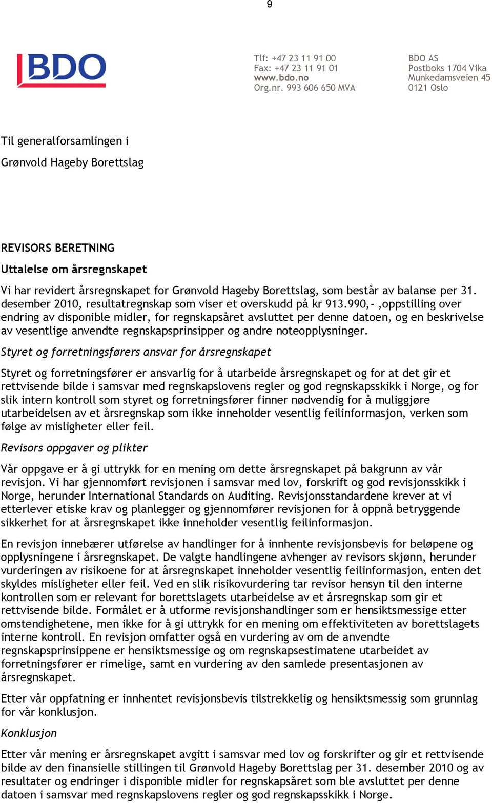 for Grønvold Hageby Borettslag, som består av balanse per 31. desember 2010, resultatregnskap som viser et overskudd på kr 913.