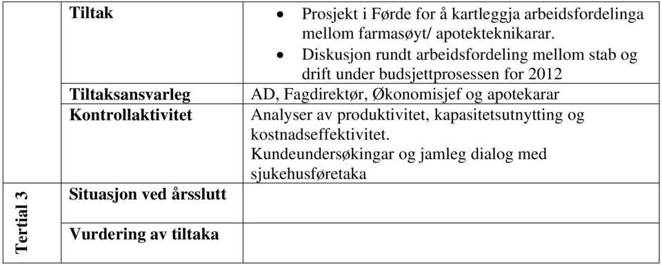 ved årsslutt Vurdering av tiltaka, Fagdirektør, Økonomisjef og apotekarar Analyser av