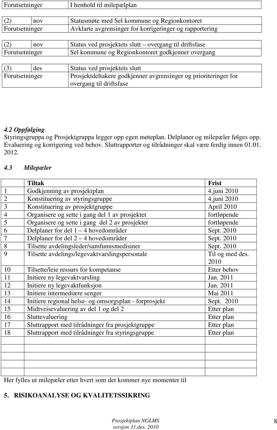 2 Oppfølging Styringsgruppa og Prosjektgruppa legger opp egen møteplan. Delplaner og milepæler følges opp. Evaluering og korrigering ved behov.