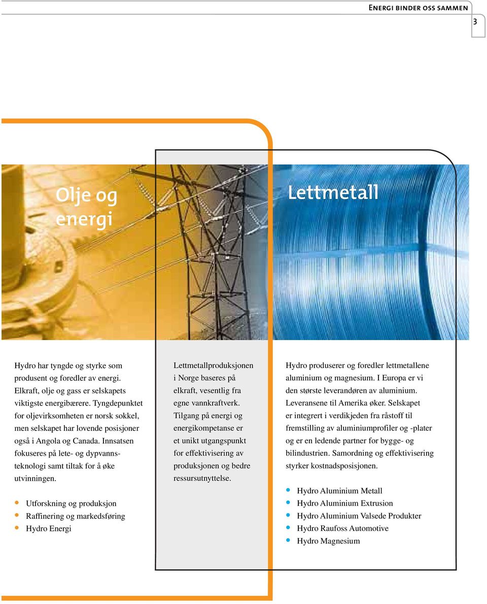 Utforskning og produksjon Raffinering og markedsføring Hydro Energi Lettmetallproduksjonen i Norge baseres på elkraft, vesentlig fra egne vannkraftverk.