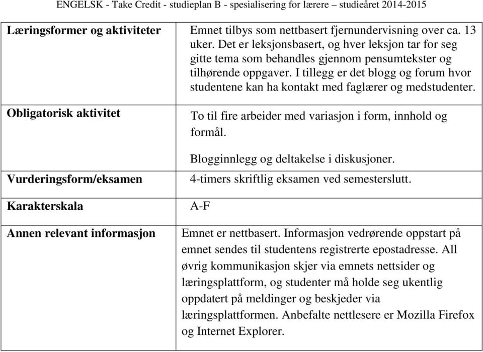 I tillegg er det blogg og forum hvor studentene kan ha kontakt med faglærer og medstudenter.