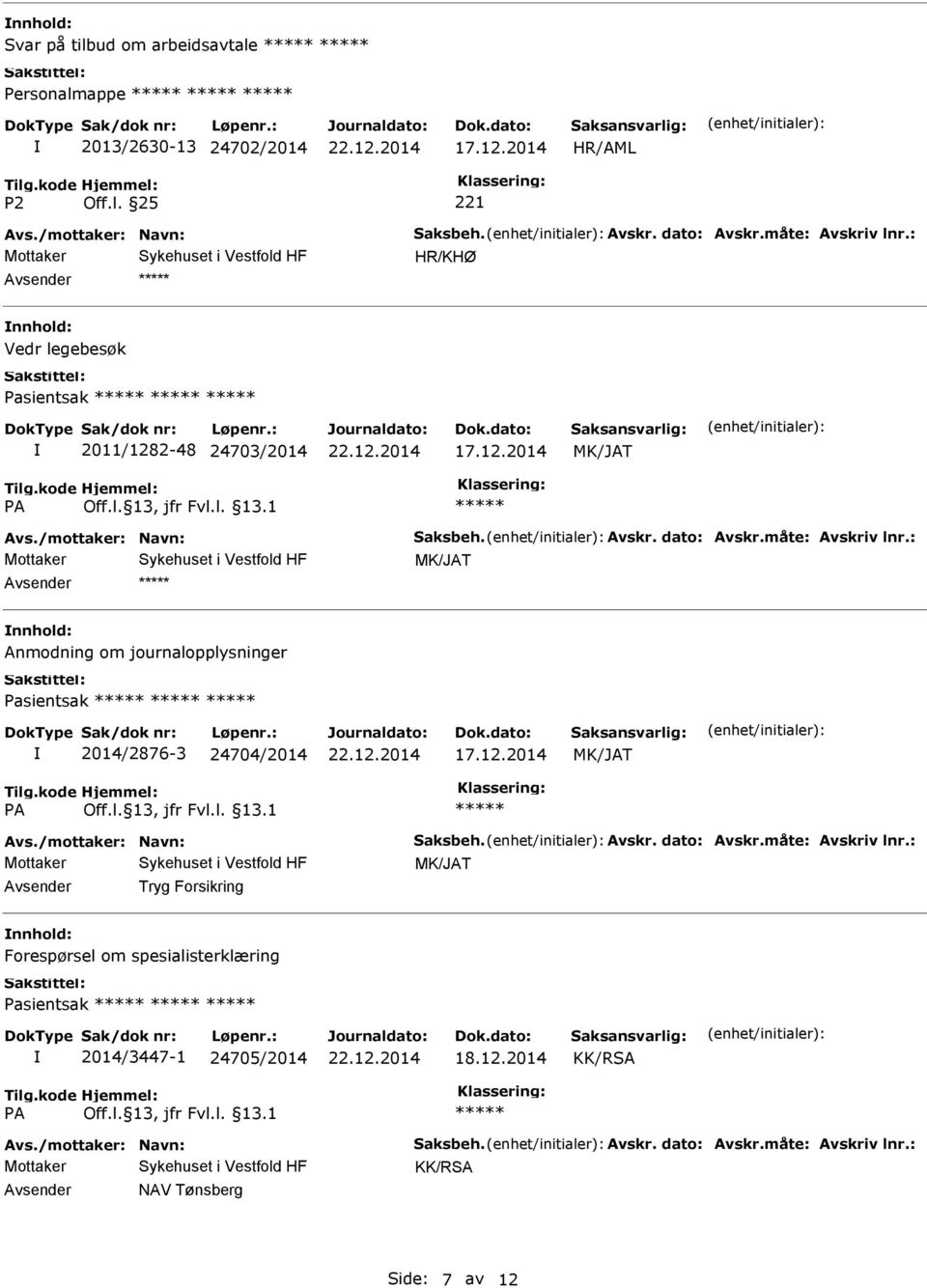 : Anmodning om journalopplysninger Pasientsak 2014/2876-3 24704/2014 Avs./mottaker: Navn: Saksbeh. Avskr. dato: Avskr.måte: Avskriv lnr.