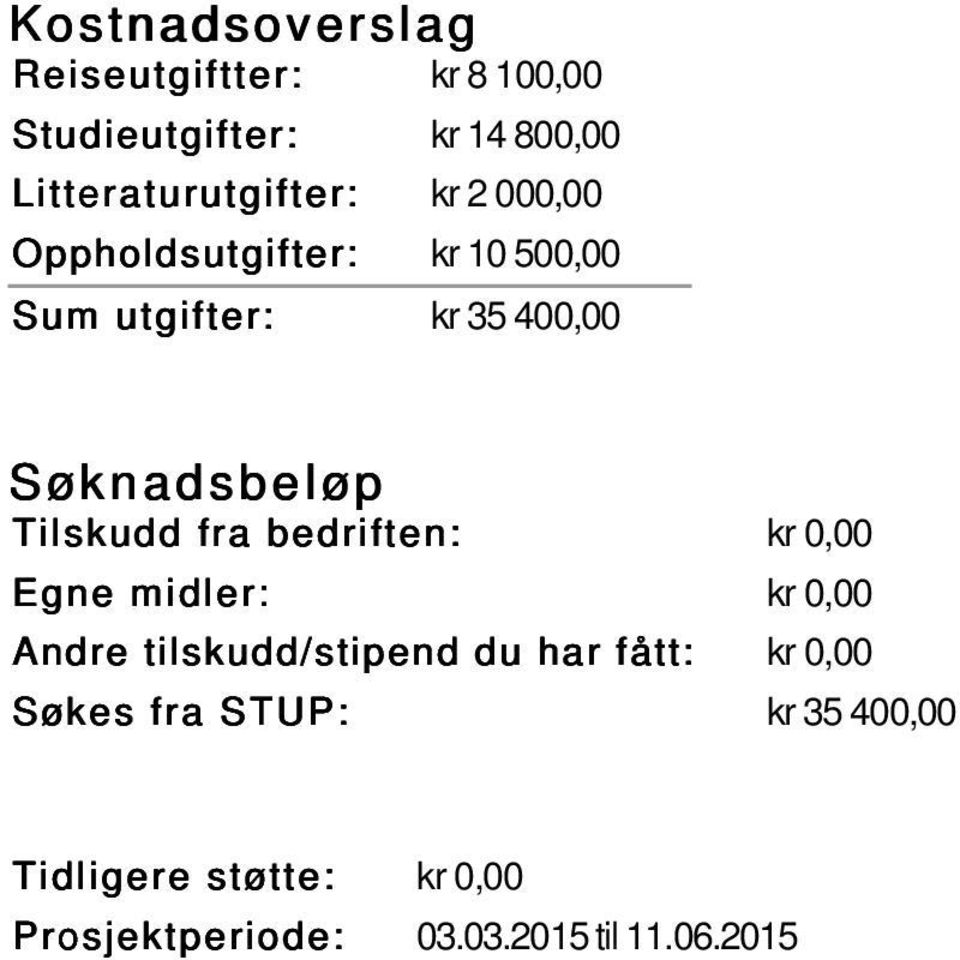 500,00 Sum utgifter: kr 35 400,00 Egne midler: kr 0,00