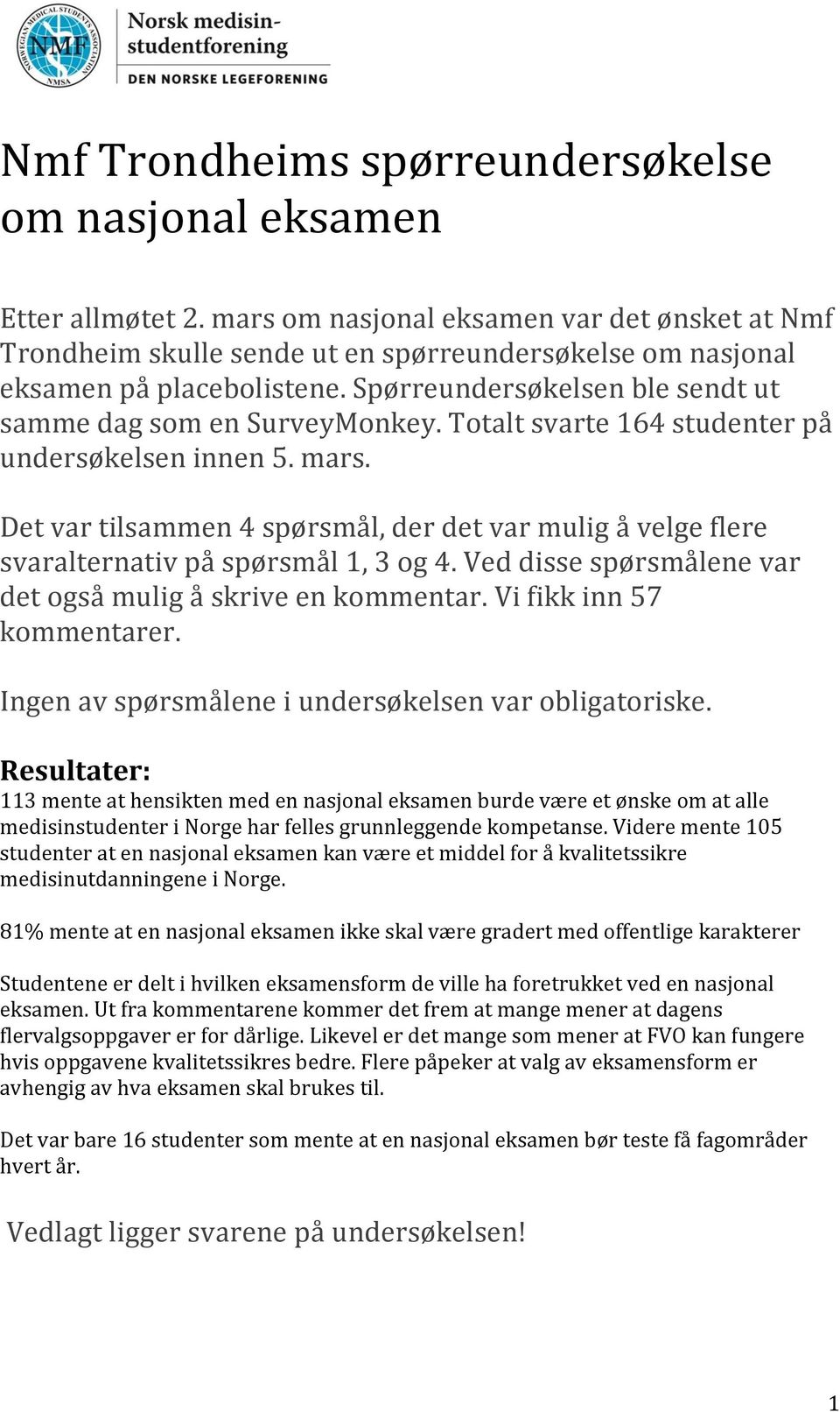 Totalt svarte 164 studenter på undersøkelsen innen 5. mars. Det var tilsammen 4 spørsmål, der det var mulig å velge flere svaralternativ på spørsmål 1, 3 og 4.