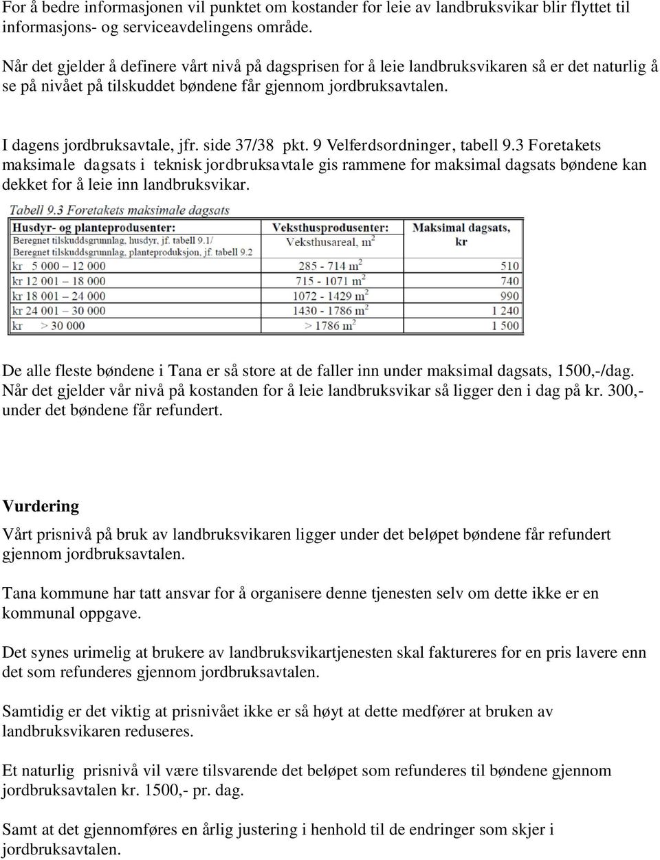 side 37/38 pkt. 9 Velferdsordninger, tabell 9.3 Foretakets maksimale dagsats i teknisk jordbruksavtale gis rammene for maksimal dagsats bøndene kan dekket for å leie inn landbruksvikar.