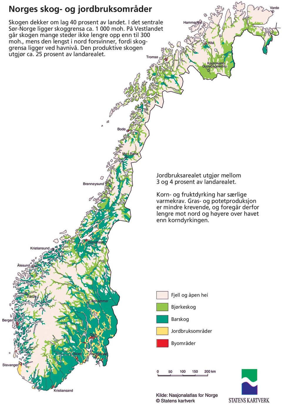 Den produktive skogen utgjør ca. 25 prosent av landarealet. Jordbruksarealet utgjør mellom 3 og 4 prosent av landarealet.