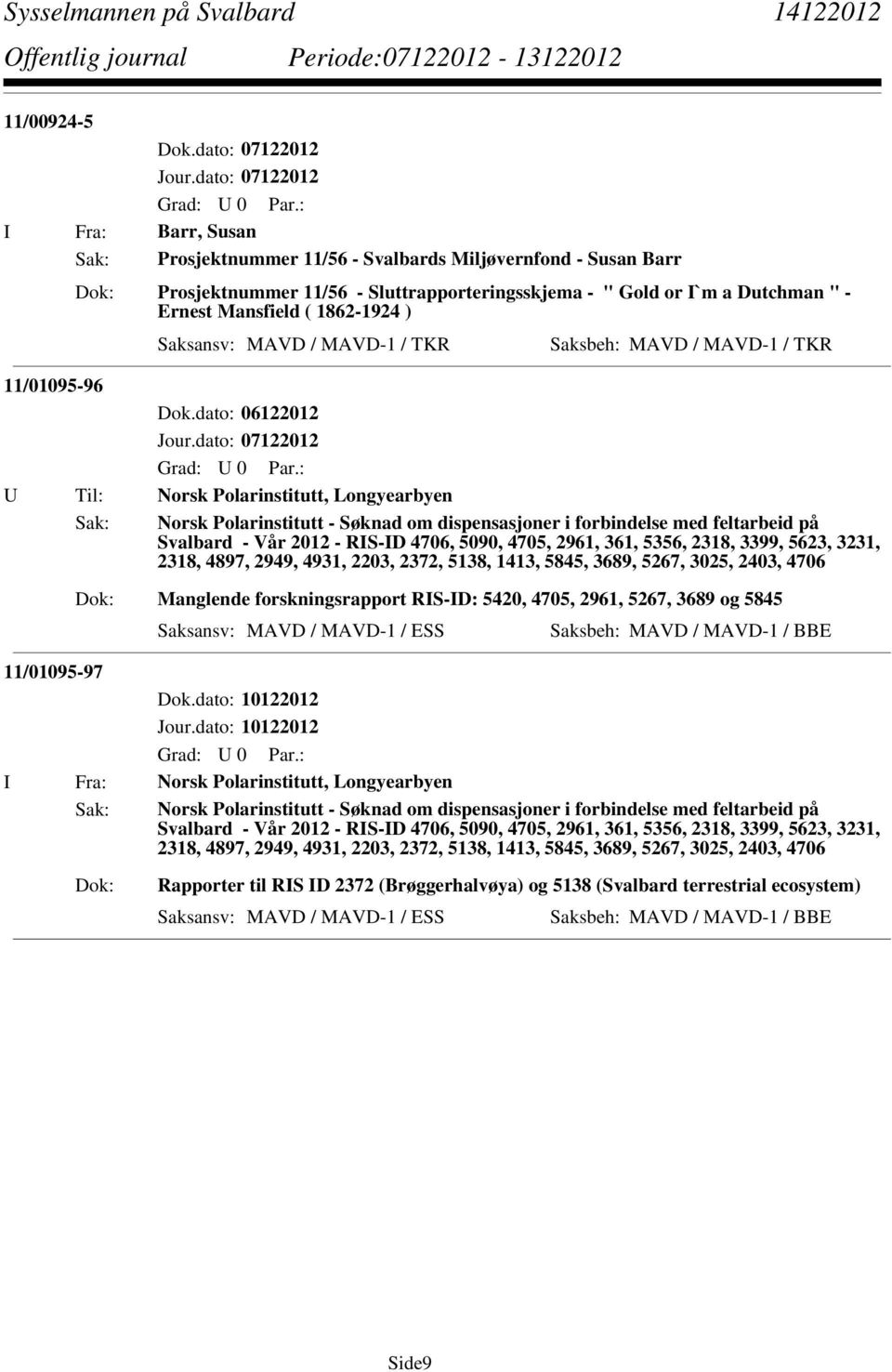 1862-1924 ) 11/01095-96 U Til: Norsk Polarinstitutt, Longyearbyen Sak: Norsk Polarinstitutt - Søknad om dispensasjoner i forbindelse med feltarbeid på Svalbard - Vår 2012 - RIS-ID 4706, 5090, 4705,