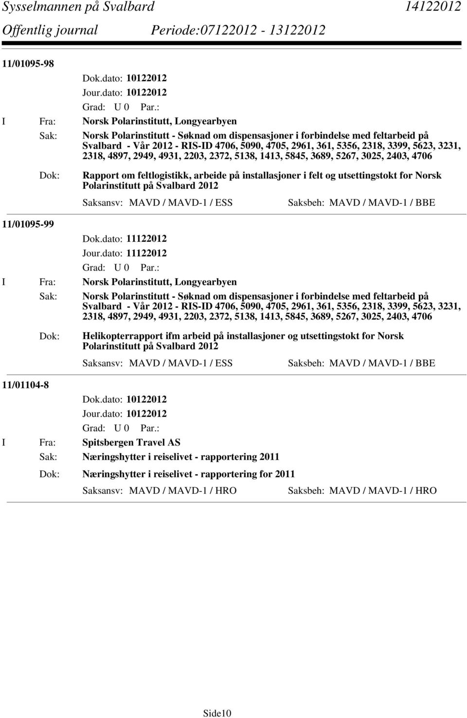 Polarinstitutt på Svalbard 2012 Saksansv: MAVD / MAVD-1 / ESS 11/01095-99 Dok.dato: 11122012 Jour.