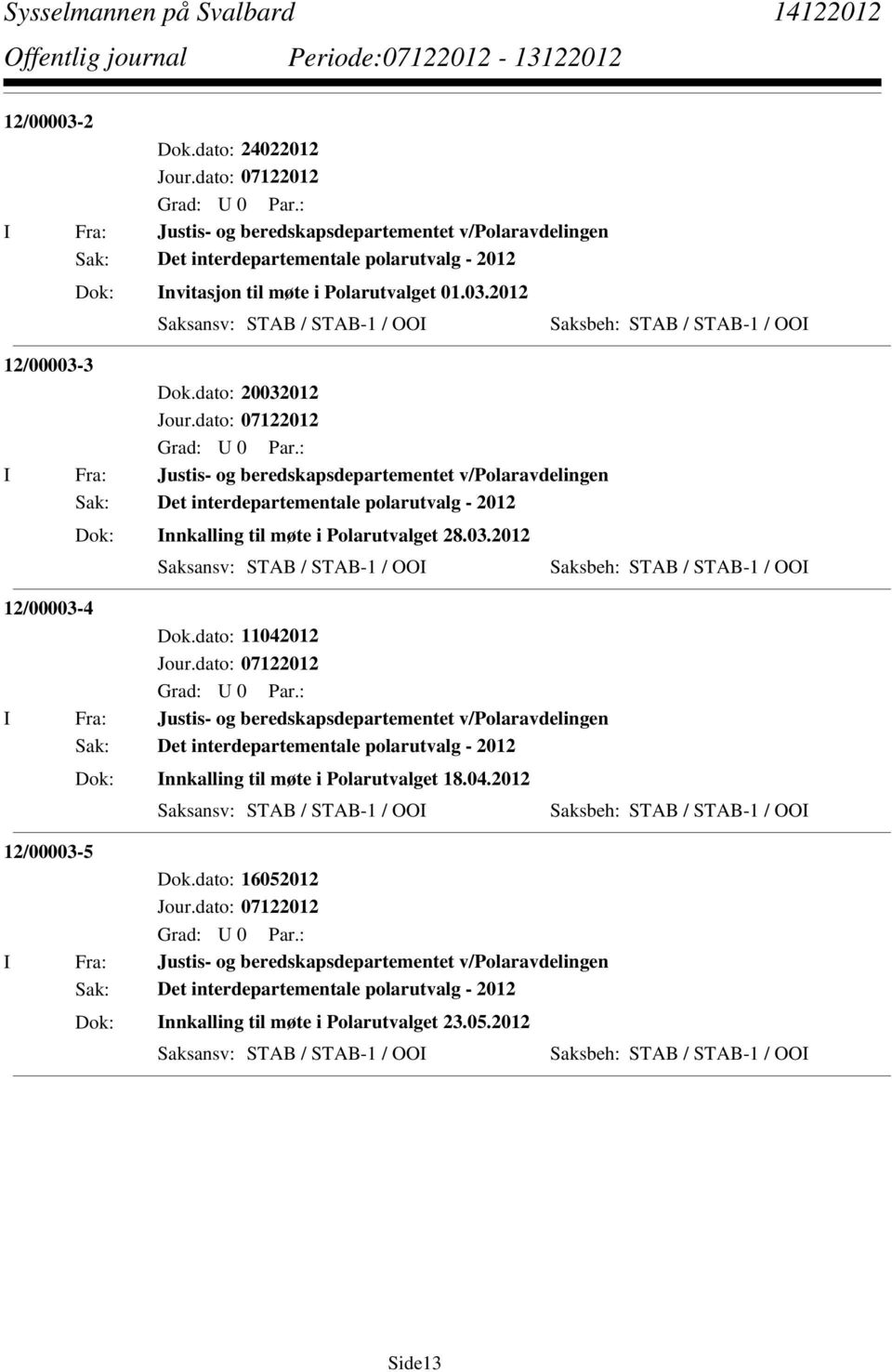 dato: 11042012 I Fra: Justis- og beredskapsdepartementet v/polaravdelingen Sak: Det interdepartementale polarutvalg - 2012 Innkalling til møte i Polarutvalget 18.04.2012 Saksansv: STAB / STAB-1 / OOI Saksbeh: STAB / STAB-1 / OOI 12/00003-5 Dok.