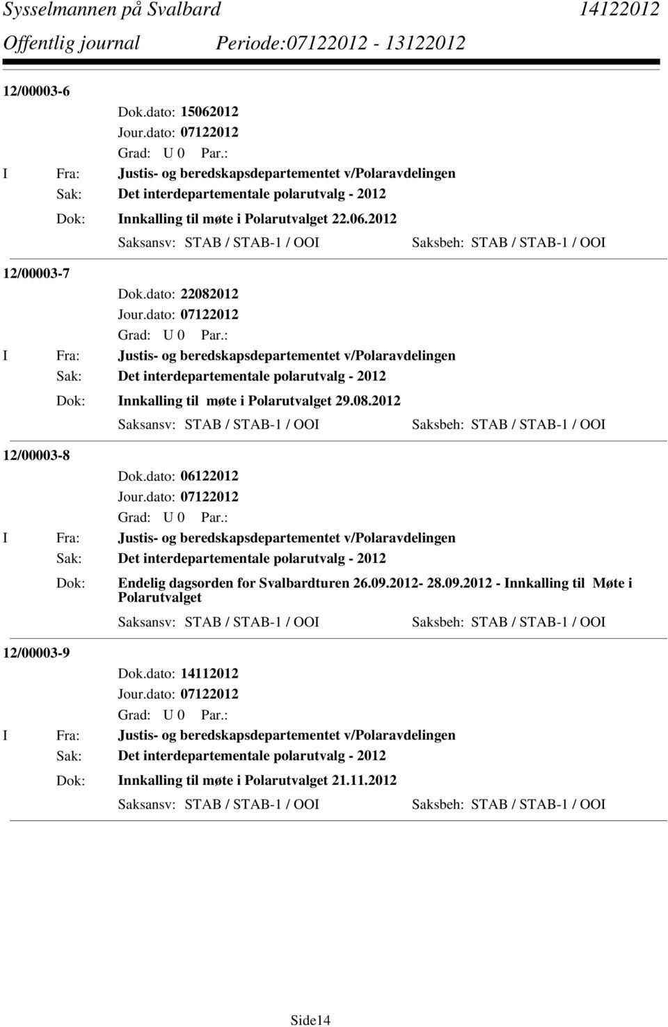 012 I Fra: Justis- og beredskapsdepartementet v/polaravdelingen Sak: Det interdepartementale polarutvalg - 2012 Innkalling til møte i Polarutvalget 29.08.