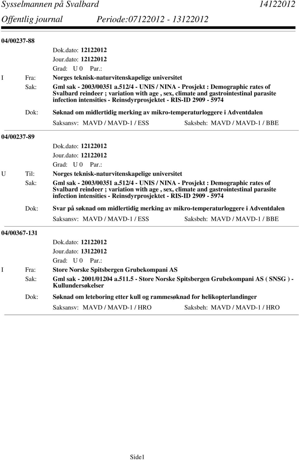 Søknad om midlertidig merking av mikro-temperaturloggere i Adventdalen Saksansv: MAVD / MAVD-1 / ESS 04/00237-89 U Til: Norges teknisk-naturvitenskapelige universitet Sak: Gml sak - 2003/00351 a.