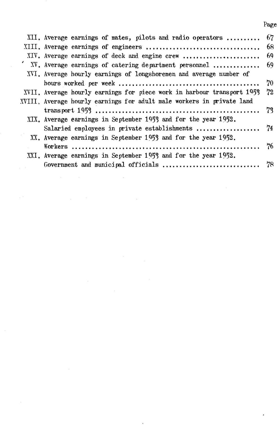 Average hourly earnings for piece work in harbour transport 1951 72 XVIII, Average hourly earnings for adult male workers in private land transport 1953 73 XIX.