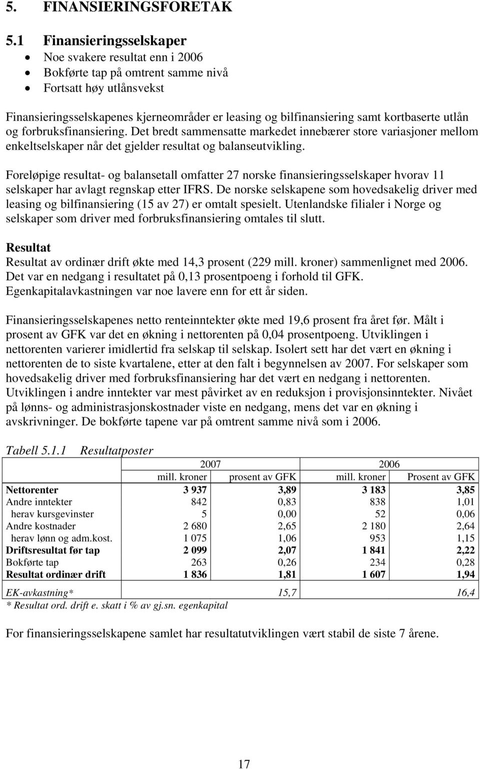 kortbaserte utlån og forbruksfinansiering. Det bredt sammensatte markedet innebærer store variasjoner mellom enkeltselskaper når det gjelder resultat og balanseutvikling.