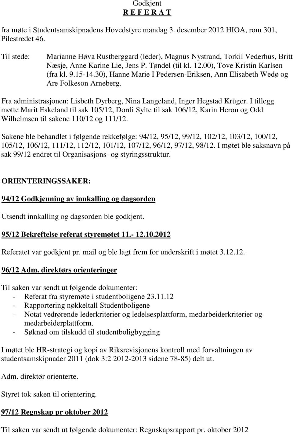 30), Hanne Marie I Pedersen-Eriksen, Ann Elisabeth Wedø og Are Folkeson Arneberg. Fra administrasjonen: Lisbeth Dyrberg, Nina Langeland, Inger Hegstad Krüger.