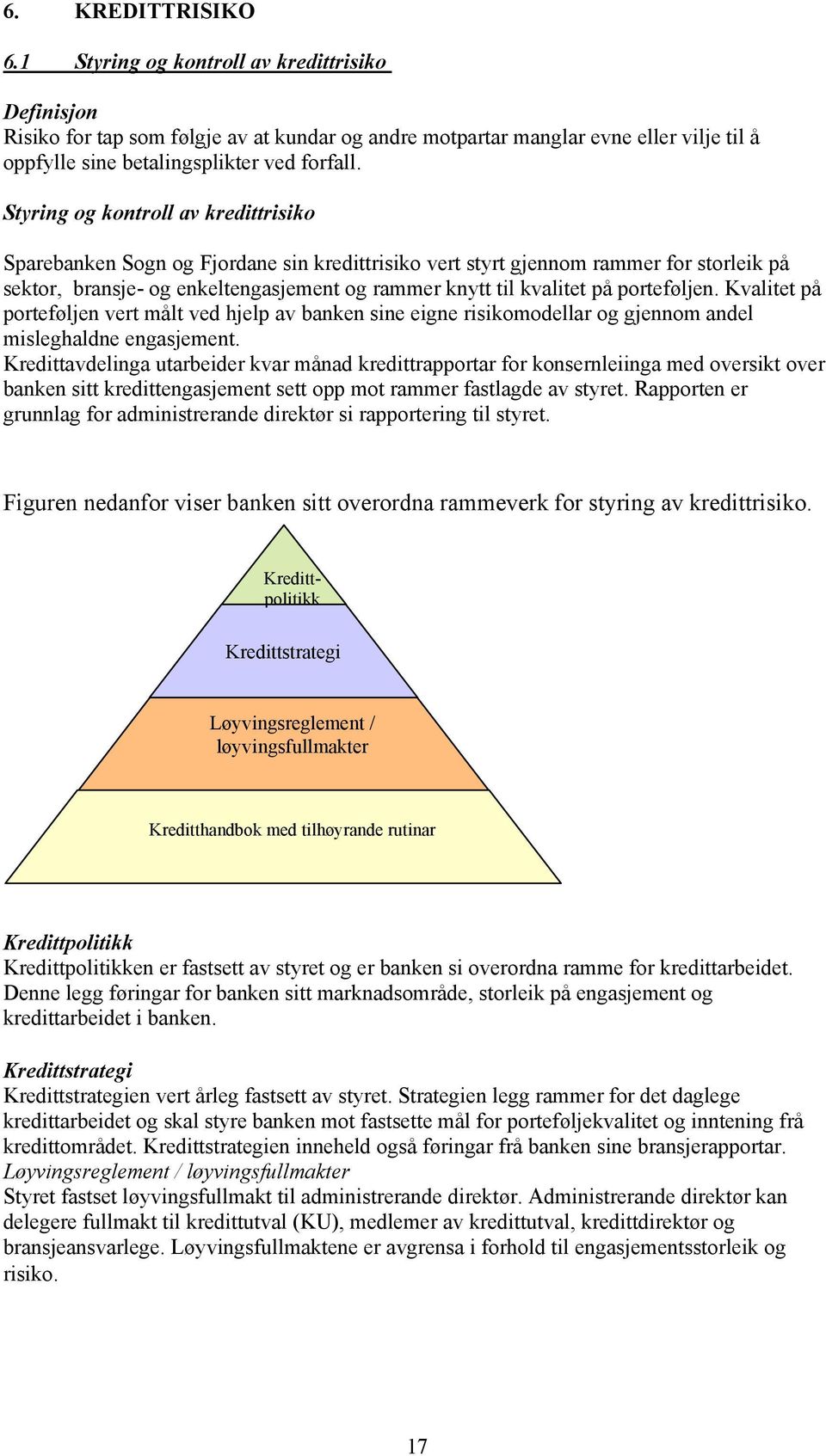 Styring og kontroll av kredittrisiko Sparebanken Sogn og Fjordane sin kredittrisiko vert styrt gjennom rammer for storleik på sektor, bransje- og enkeltengasjement og rammer knytt til kvalitet på