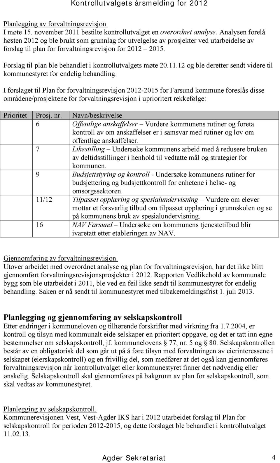 Forslag til plan ble behandlet i kontrollutvalgets møte 20.11.12 og ble deretter sendt videre til kommunestyret for endelig behandling.