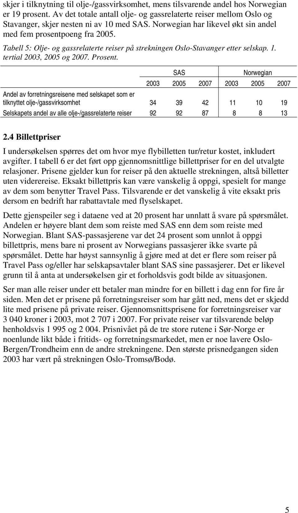 Tabell 5: Olje- og gassrelaterte reiser på strekningen Oslo-Stavanger etter selskap. 1. tertial 2003, 2005 og 2007. Prosent.