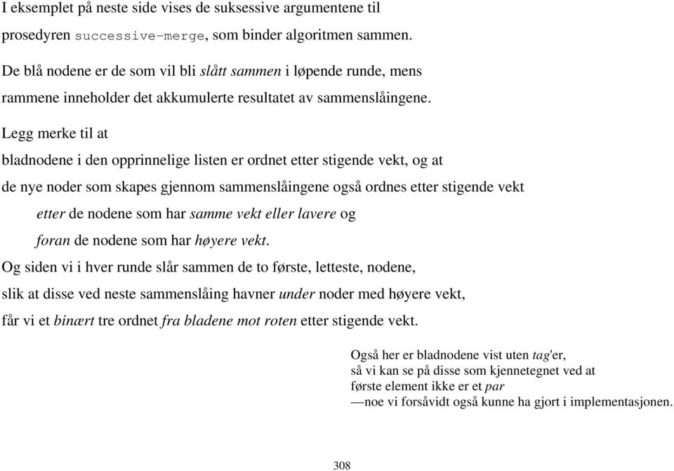 Legg merke til at bladnodene i den opprinnelige listen er ordnet etter stigende vekt, og at de nye noder som skapes gjennom sammenslåingene også ordnes etter stigende vekt etter de nodene som har