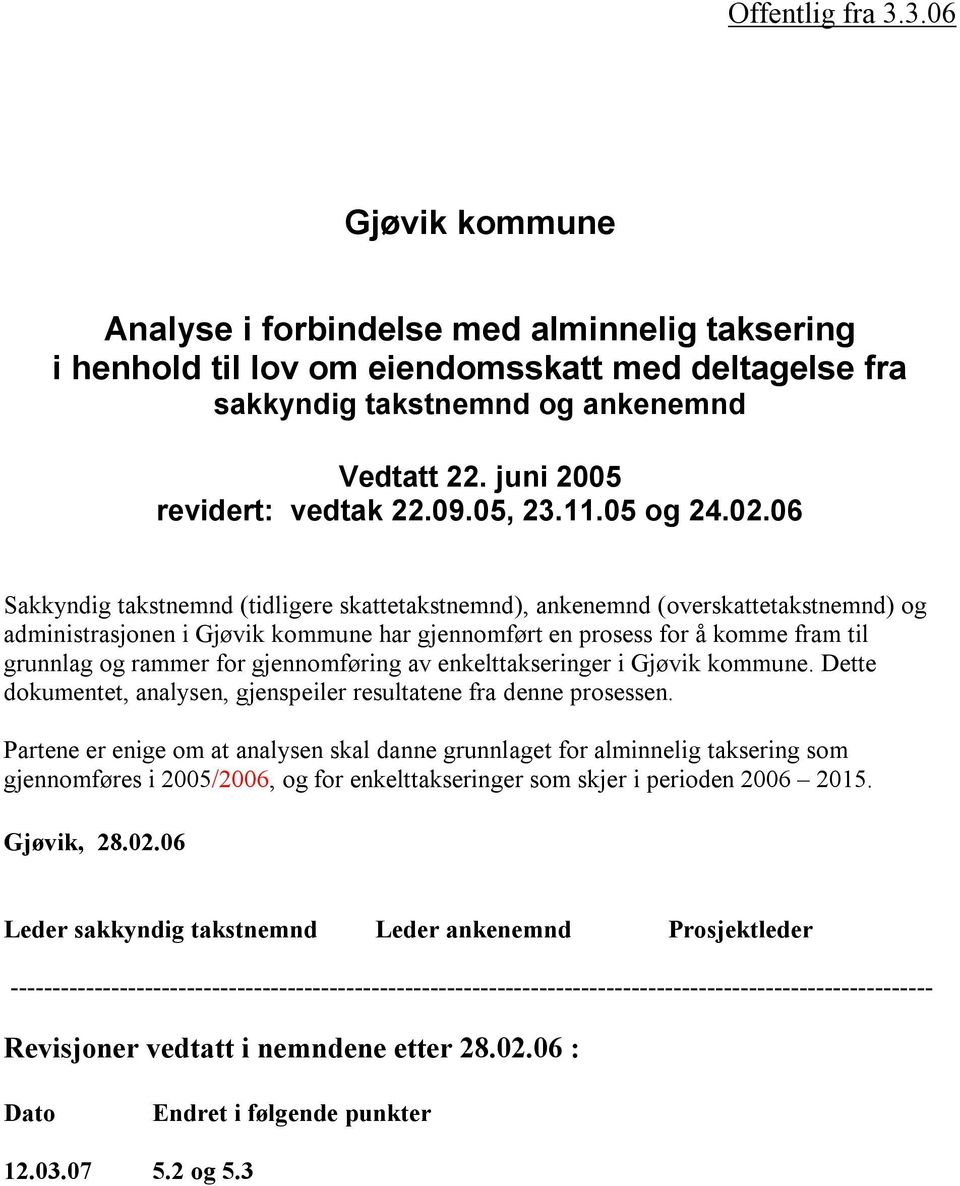 06 Sakkyndig takstnemnd (tidligere skattetakstnemnd), ankenemnd (overskattetakstnemnd) og administrasjonen i Gjøvik kommune har gjennomført en prosess for å komme fram til grunnlag og rammer for