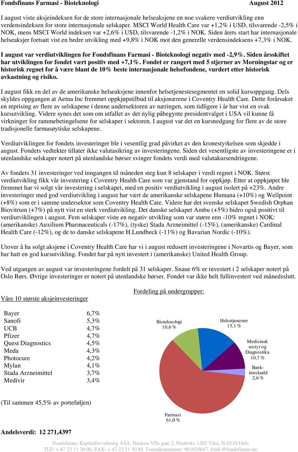 Siden årets start har internasjonale helseaksjer fortsatt vist en bedre utvikling med +9,8% i NOK mot den generelle verdensindeksens +7,3% i NOK.