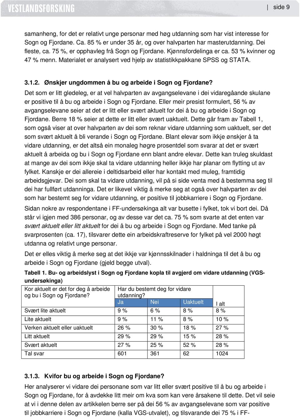 Ønskjer ungdommen å bu og arbeide i Sogn og Fjordane? Det som er litt gledeleg, er at vel halvparten av avgangselevane i dei vidaregåande skulane er positive til å bu og arbeide i Sogn og Fjordane.