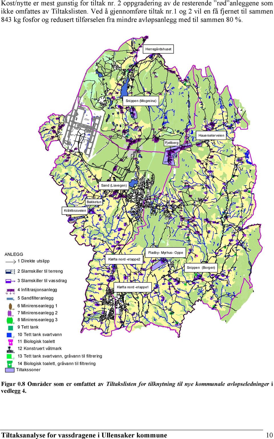 Herregårdshuset Snippen (Mogreina) Fjellberg Hauerseterveien Sand (Liavegen) Bakketun Kråkfossveien ANLEGG 1 Direkte utslipp 2 Slamskiller til terreng 3 Slamskiller til vassdrag Kløfta nord -etappe2