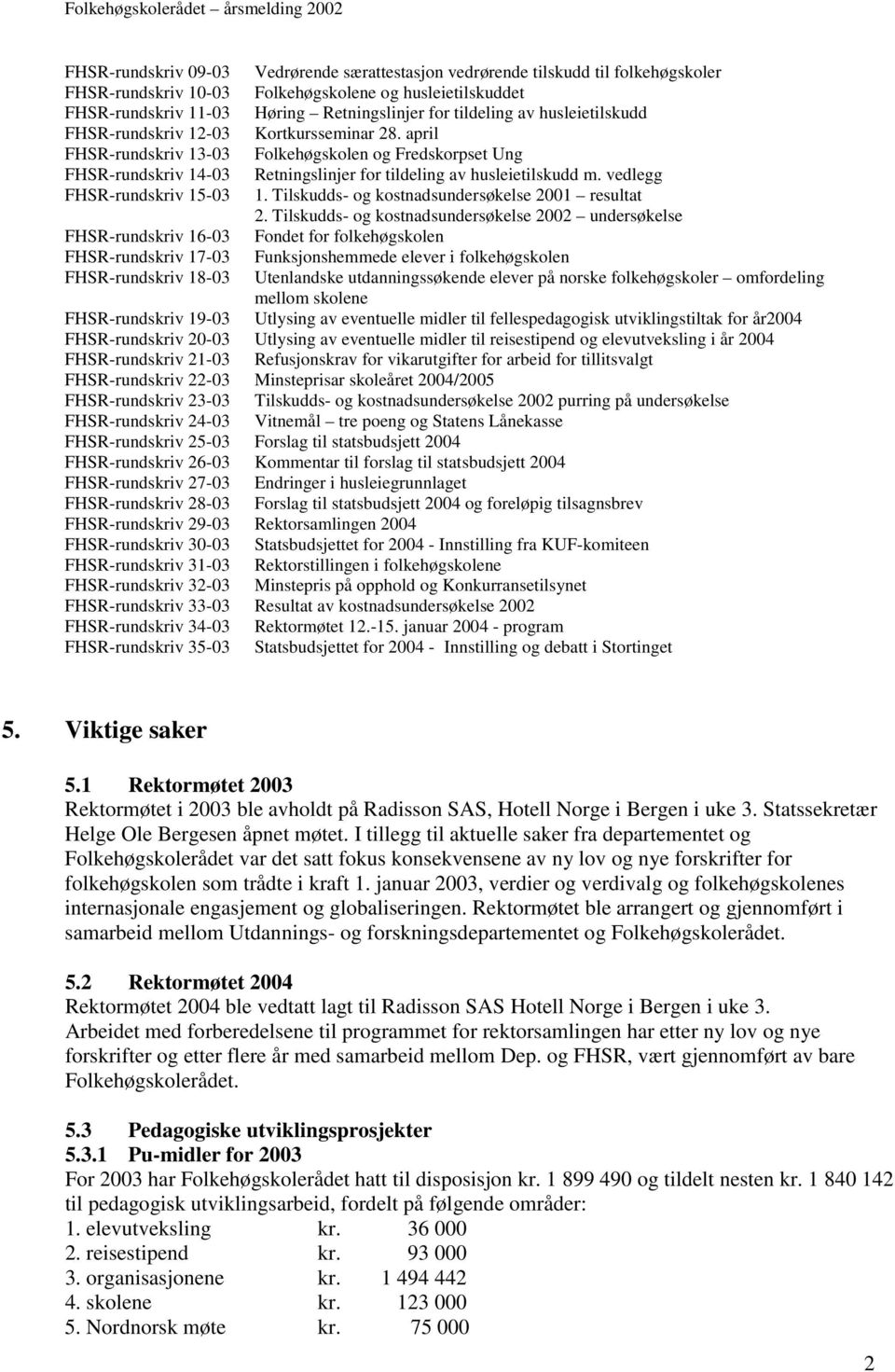 april FHSR-rundskriv 13-03 Folkehøgskolen og Fredskorpset Ung FHSR-rundskriv 14-03 Retningslinjer for tildeling av husleietilskudd m. vedlegg FHSR-rundskriv 15-03 1.