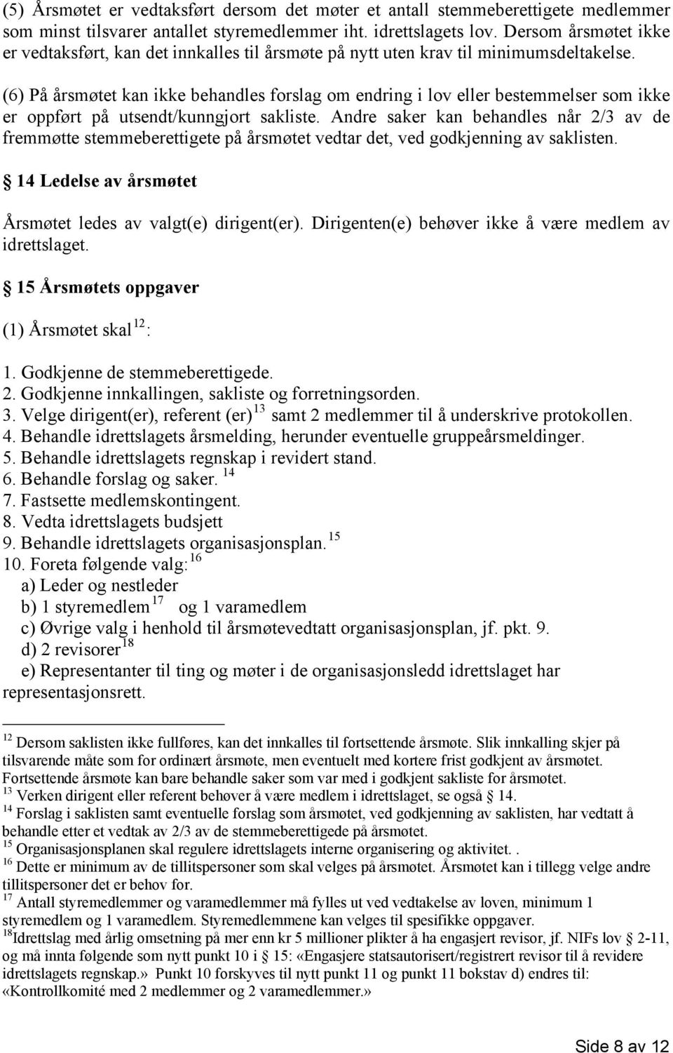 (6) På årsmøtet kan ikke behandles forslag om endring i lov eller bestemmelser som ikke er oppført på utsendt/kunngjort sakliste.