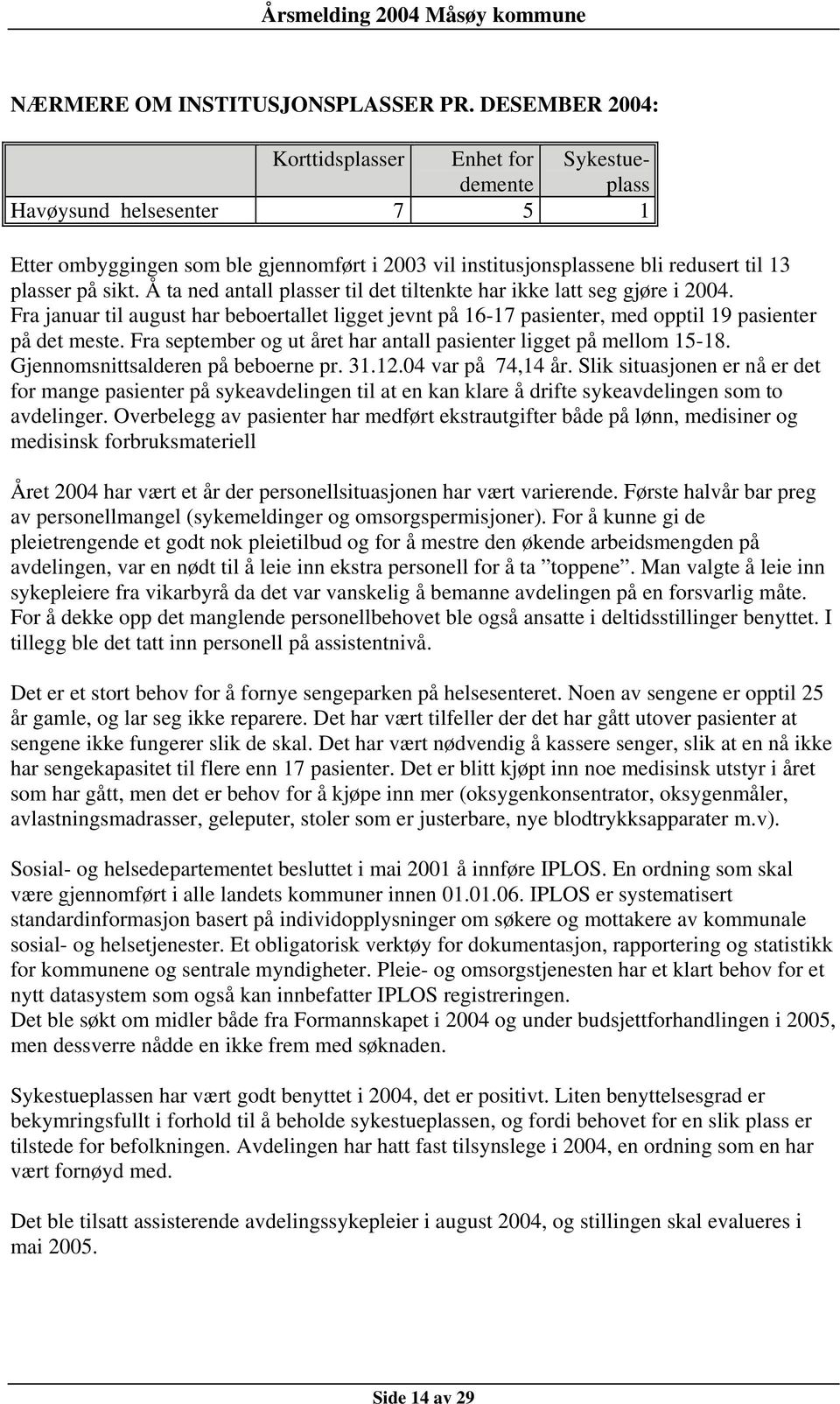 Å ta ned antall plasser til det tiltenkte har ikke latt seg gjøre i 2004. Fra januar til august har beboertallet ligget jevnt på 16-17 pasienter, med opptil 19 pasienter på det meste.