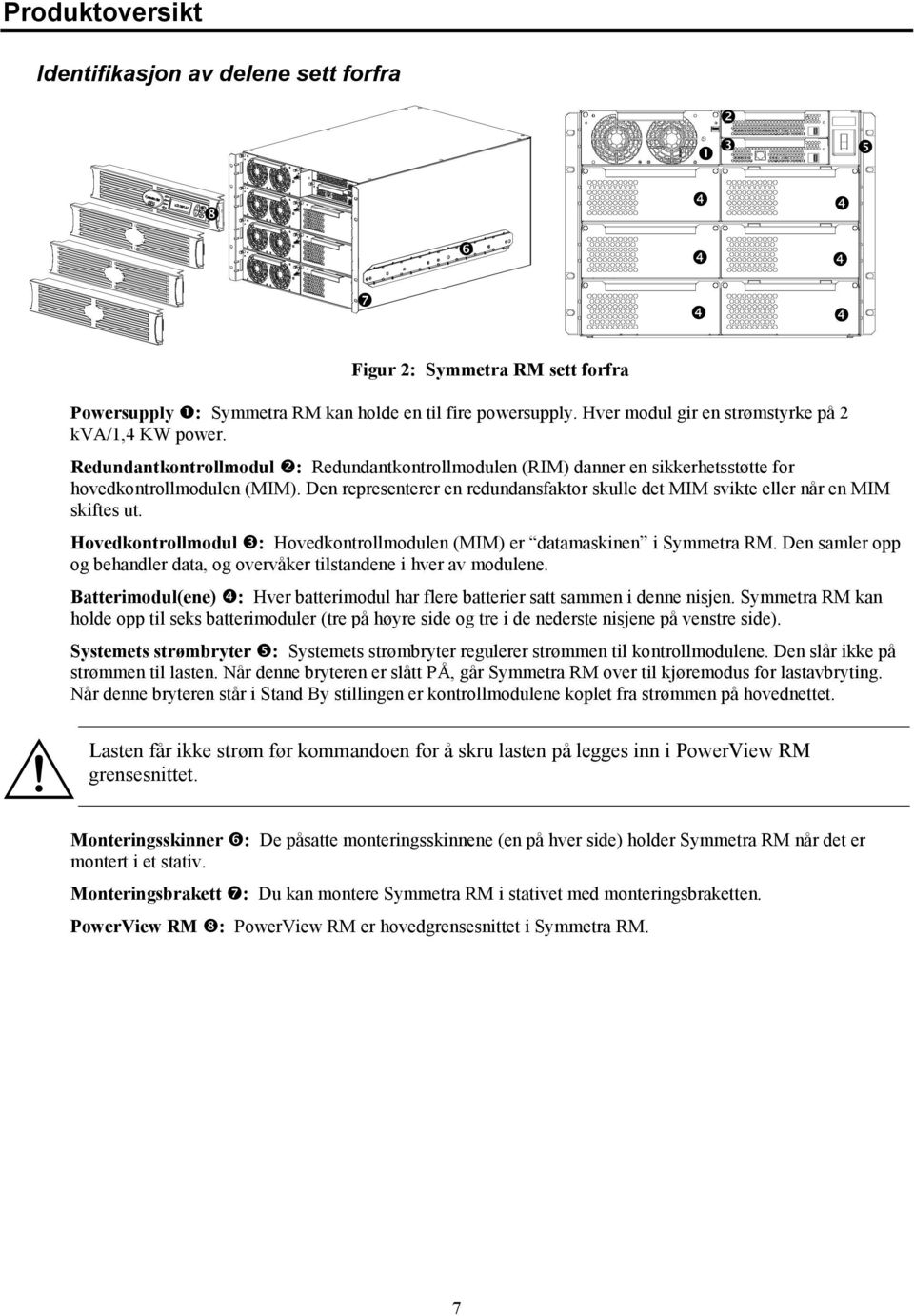 Den representerer en redundansfaktor skulle det MIM svikte eller når en MIM skiftes ut. Hovedkontrollmodul : Hovedkontrollmodulen (MIM) er datamaskinen i Symmetra RM.