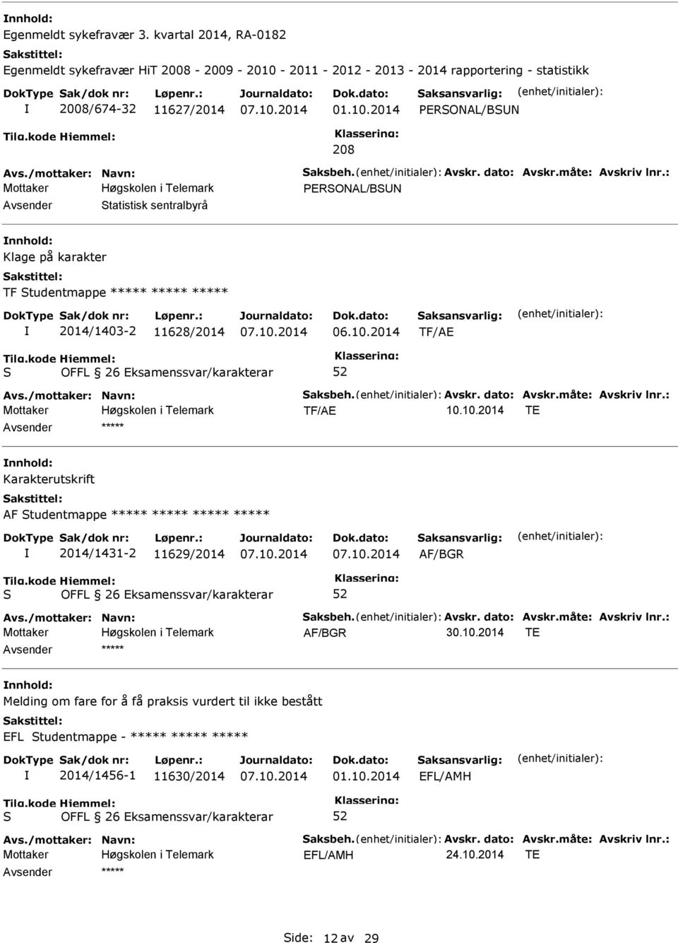 : ERONAL/BN Avsender tatistisk sentralbyrå nnhold: Klage på karakter TF tudentmappe ***** ***** ***** 2014/1403-2 11628/2014 TF/AE OFFL 26 Eksamenssvar/karakterar Avs.