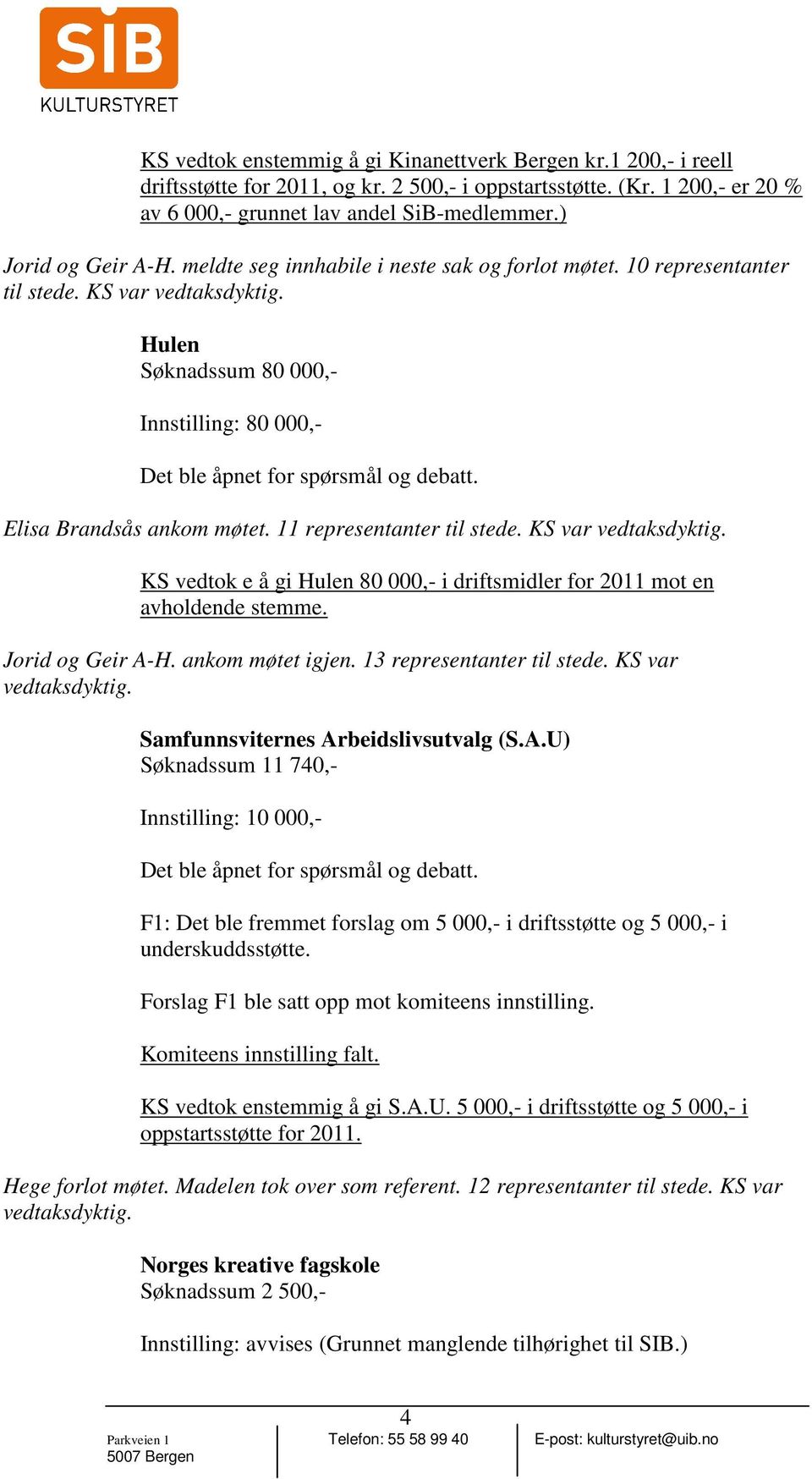 11 representanter til stede. KS var KS vedtok e å gi Hulen 80 000,- i driftsmidler for 2011 mot en avholdende stemme. Jorid og Geir A-H. ankom møtet igjen. 13 representanter til stede.