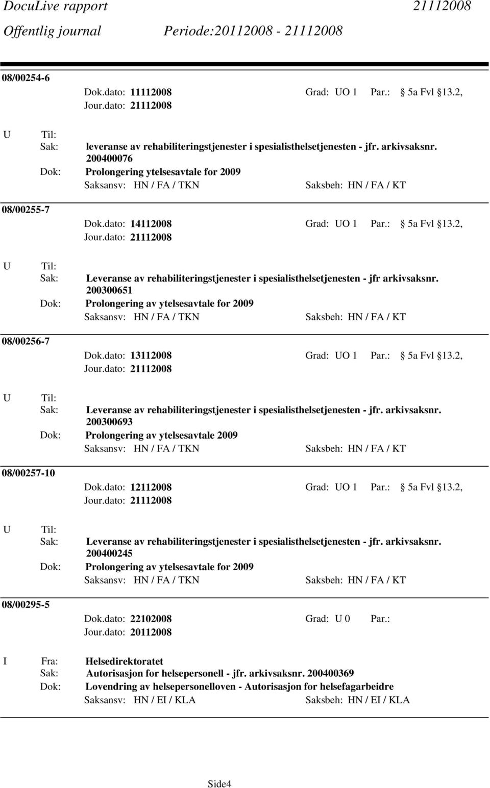 200300651 Dok: Prolongering av ytelsesavtale for 2009 08/00256-7 Dok.dato: 13112008 Grad: O 1 Par.: 5a Fvl 13.2, Leveranse av rehabiliteringstjenester i spesialisthelsetjenesten - jfr. arkivsaksnr.