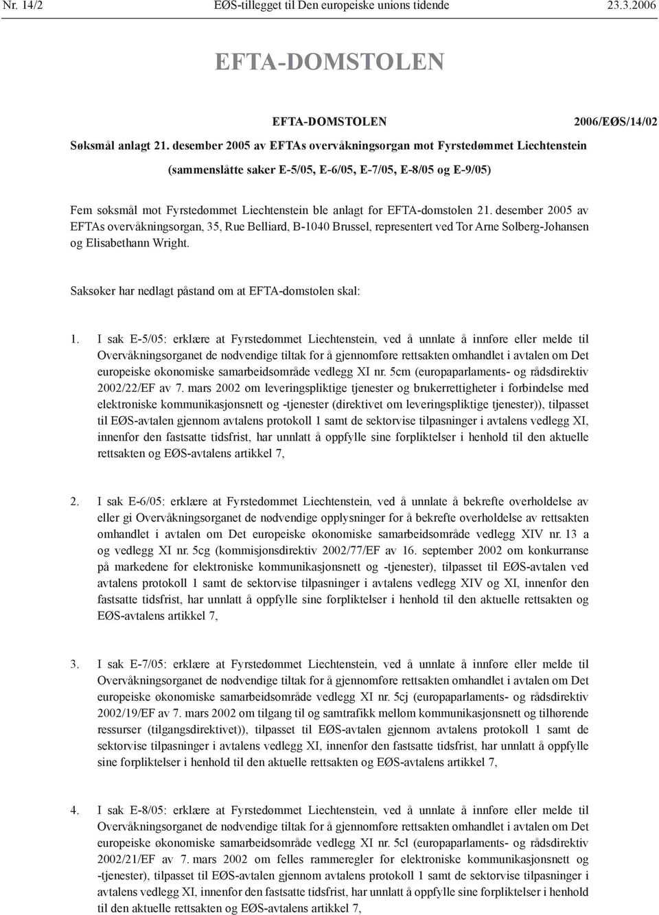 EFTA-domstolen 21. desember 2005 av EFTAs overvåkningsorgan, 35, Rue Belliard, B-1040 Brussel, representert ved Tor Arne Solberg-Johansen og Elisabethann Wright.