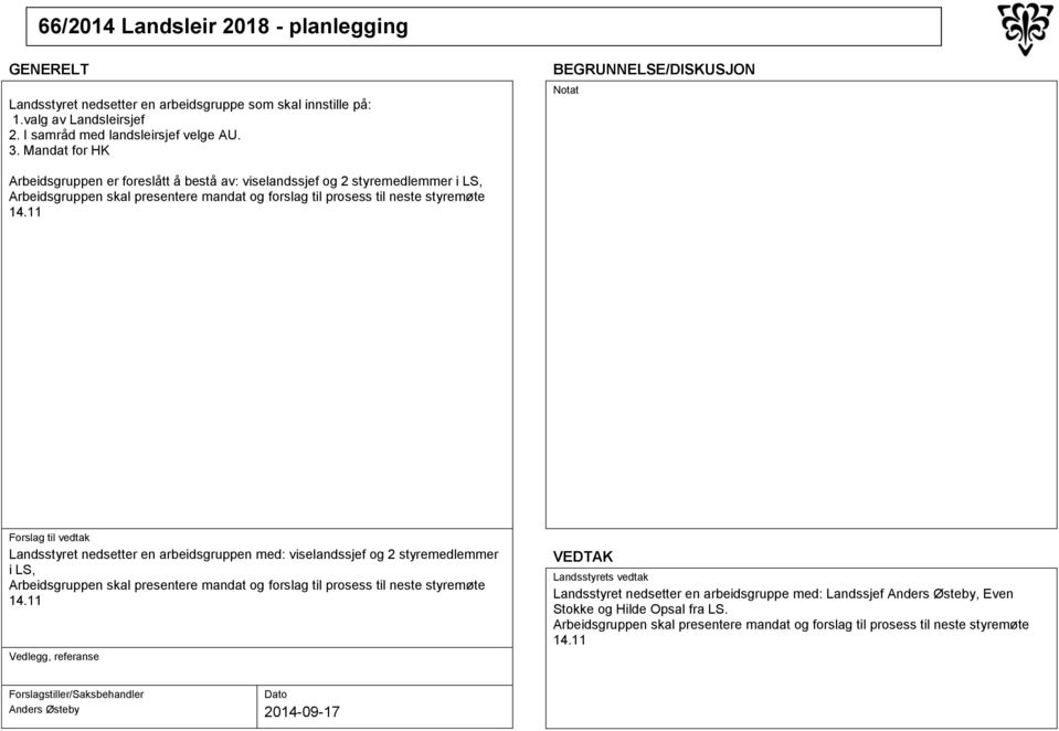 11 Landsstyret nedsetter en arbeidsgruppen med: viselandssjef og 2 styremedlemmer i LS, Arbeidsgruppen skal presentere mandat og forslag til prosess til neste styremøte 14.