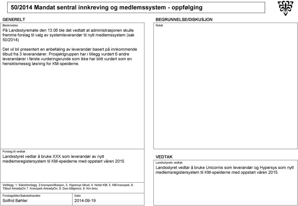 tilbud fra 3 leverandører. Prosjektgruppen har i tillegg vurdert 6 andre leverandører i første vurderingsrunde som ikke har blitt vurdert som en hensiktsmessig løsning for KM-speiderne.