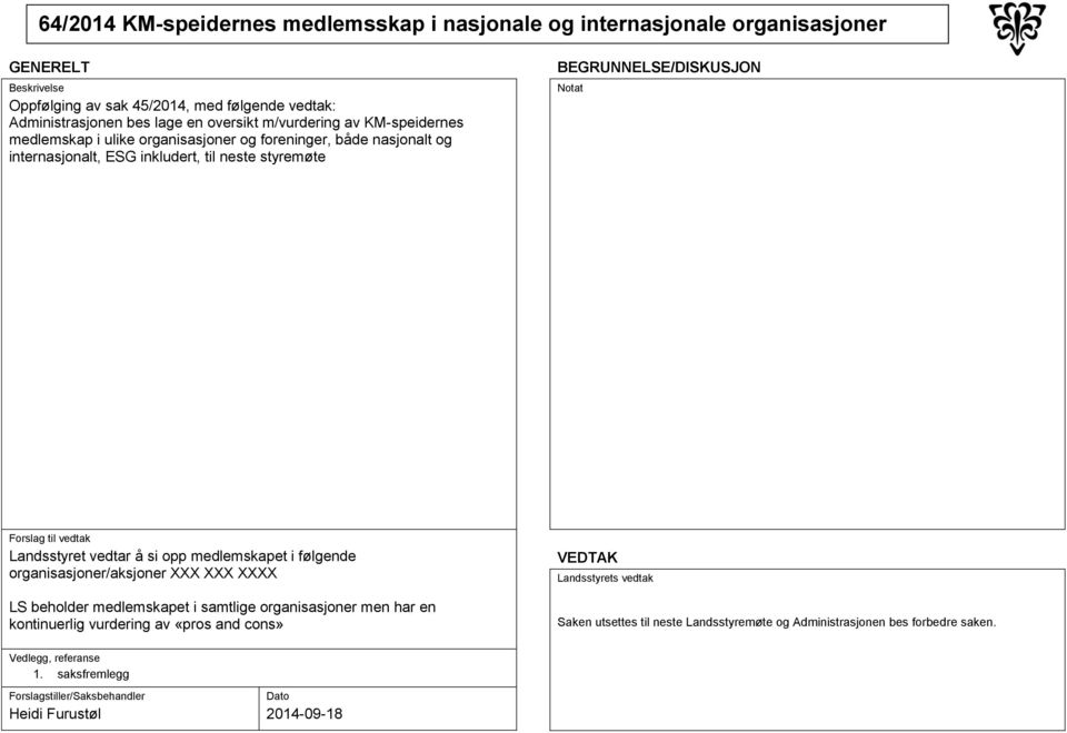 styremøte Landsstyret vedtar å si opp medlemskapet i følgende organisasjoner/aksjoner XXX XXX XXXX LS beholder medlemskapet i samtlige organisasjoner