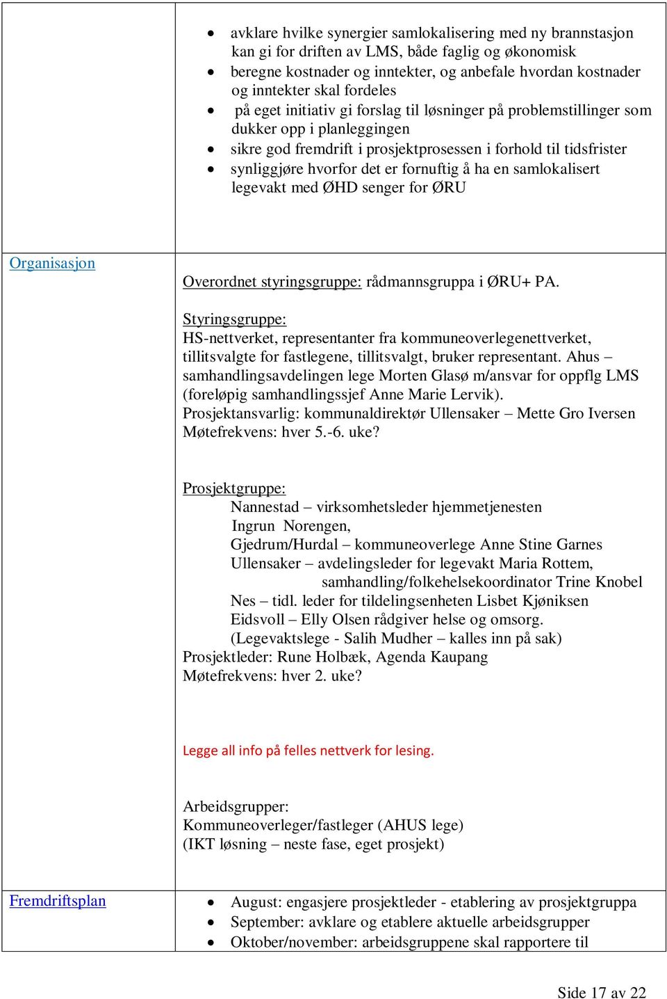 fornuftig å ha en samlokalisert legevakt med ØHD senger for ØRU Organisasjon Overordnet styringsgruppe: rådmannsgruppa i ØRU+ PA.