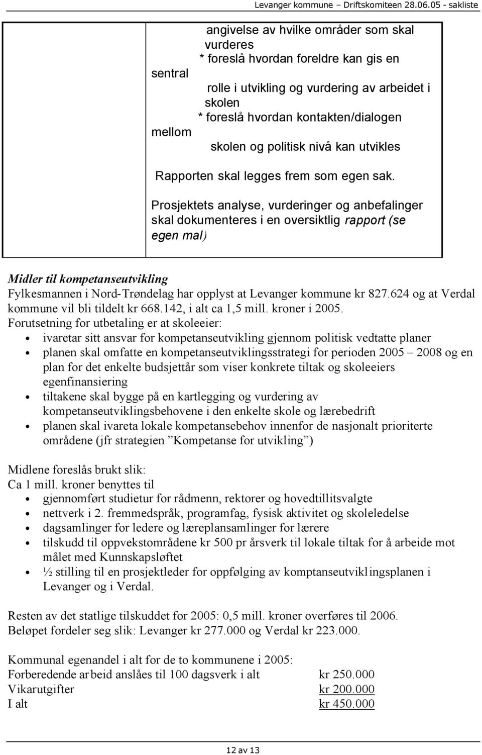 Prosjektets analyse, vurderinger og anbefalinger skal dokumenteres i en oversiktlig rapport (se egen mal) Midler til kompetanseutvikling Fylkesmannen i Nord-Trøndelag har opplyst at Levanger kommune