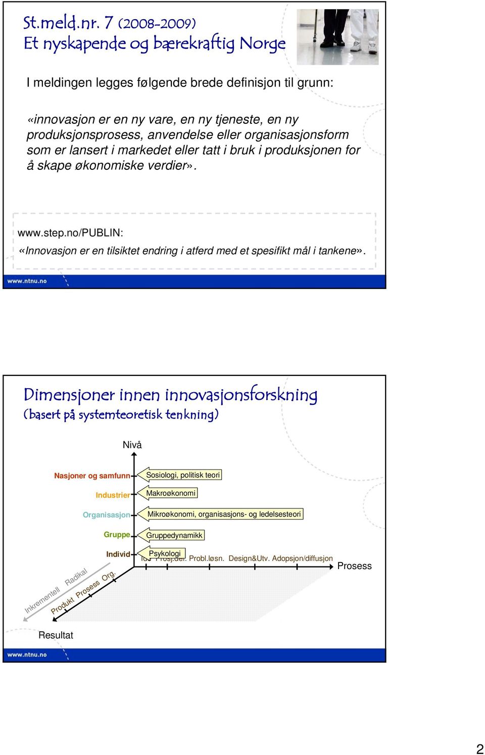 organisasjonsform som er lansert i markedet eller tatt i bruk i produksjonen for å skape økonomiske verdier». www.step.