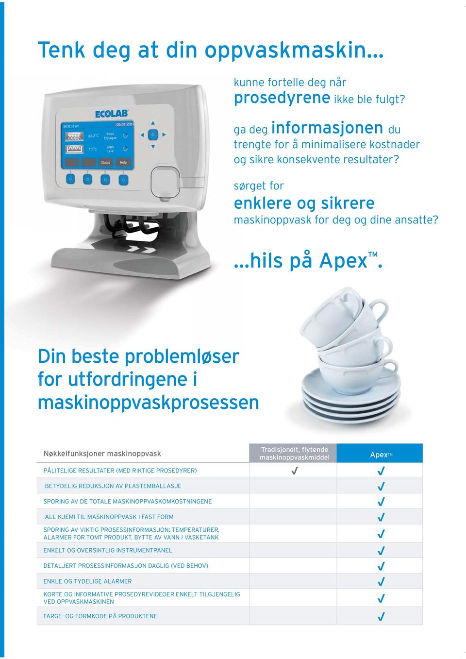 Din beste problemløser for utfordringene i maskinoppvaskprosessen Nøkkelfunksjoner maskinoppvask Tradisjonelt, flytende maskinoppvaskmiddel PÅLITELIGE RESULTATER (MED RIKTIGE PROSEDYRER) BETYDELIG