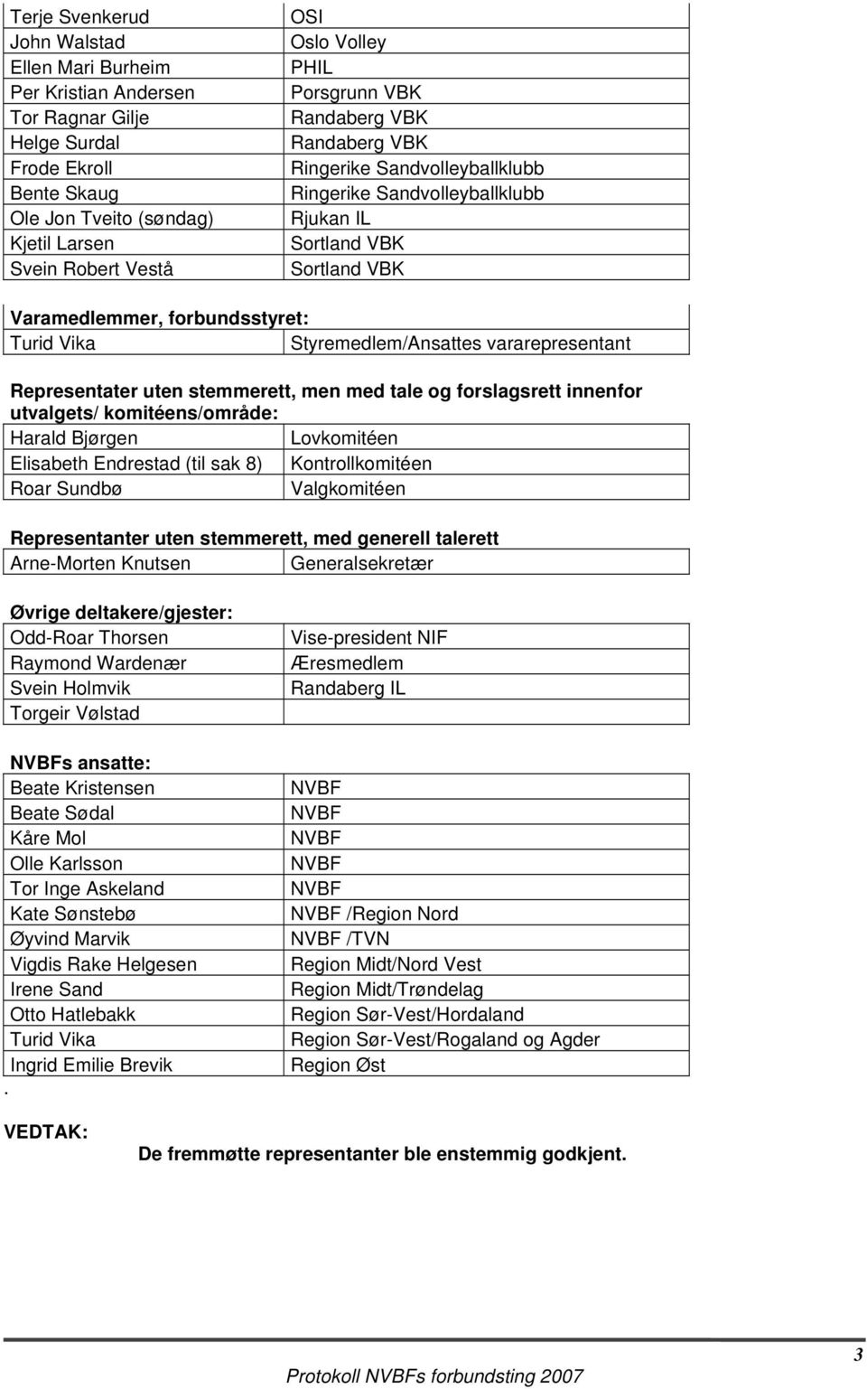 Styremedlem/Ansattes vararepresentant Representater uten stemmerett, men med tale og forslagsrett innenfor utvalgets/ komitéens/område: Harald Bjørgen Lovkomitéen Elisabeth Endrestad (til sak 8)