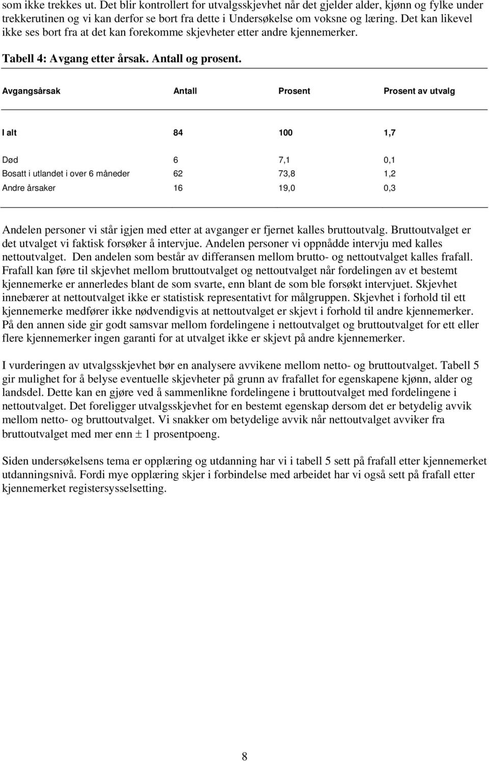 Avgangsårsak Antall Prosent Prosent av utvalg I alt 84 100 1,7 Død 6 7,1 0,1 Bosatt i utlandet i over 6 måneder 62 73,8 1,2 Andre årsaker 16 19,0 0,3 Andelen personer vi står igjen med etter at