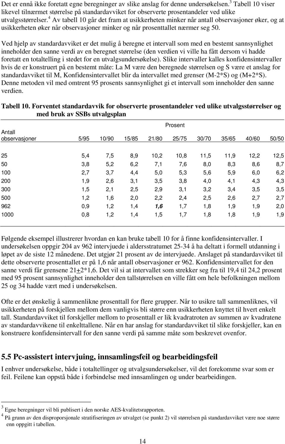 4 Av tabell 10 går det fram at usikkerheten minker når antall observasjoner øker, og at usikkerheten øker når observasjoner minker og når prosenttallet nærmer seg 50.