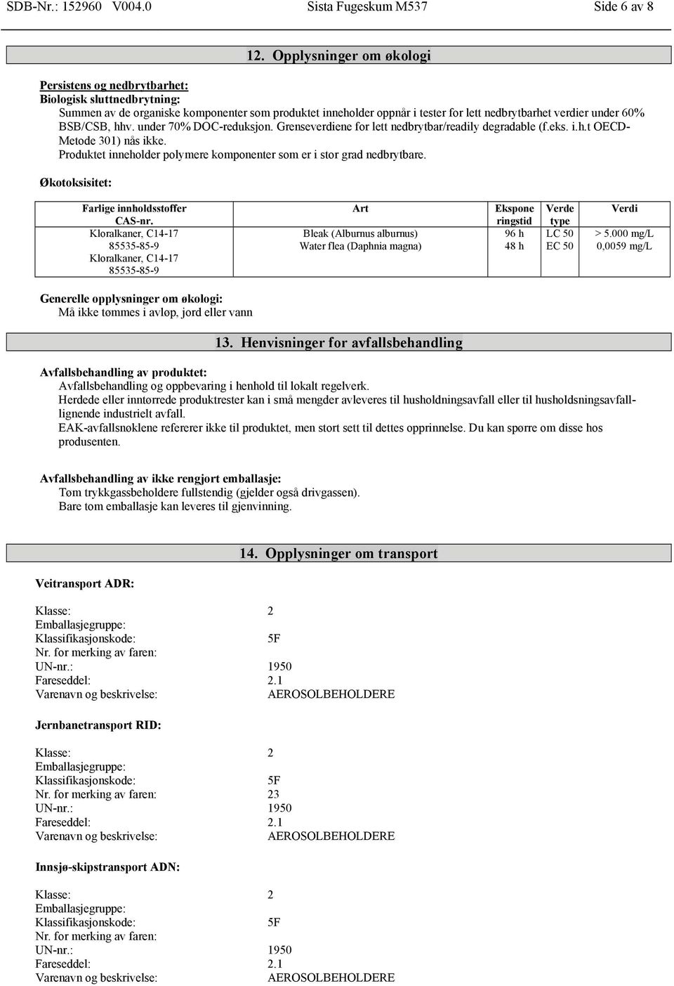 BSB/CSB, hhv. under 70% DOC-reduksjon. Grenseverdiene for lett nedbrytbar/readily degradable (f.eks. i.h.t OECD- Metode 301) nås ikke.