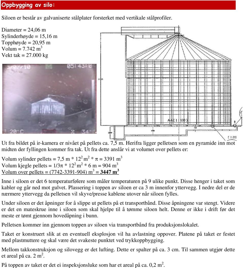 Ut fra dette anslår vi at volumet over pellets er: Volum sylinder pellets = 7,5 m * 12 2 m 2 * = 3391 m 3 Volum kjegle pellets = 1/3 * 12 2 m 2 * 6 m = 904 m 3 Volum over pellets = (7742-3391-904) m