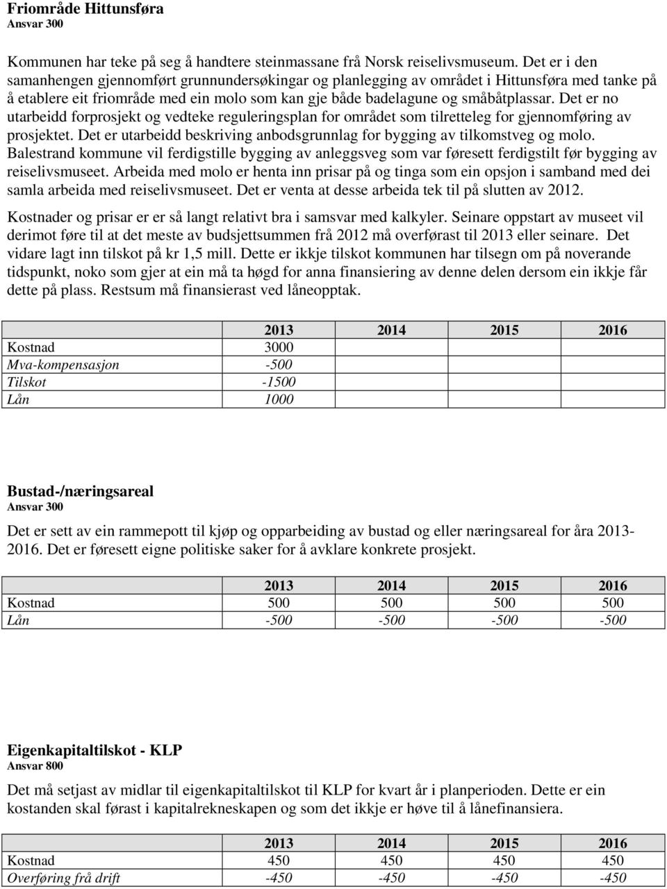 Det er no utarbeidd forprosjekt og vedteke reguleringsplan for området som tilretteleg for gjennomføring av prosjektet. Det er utarbeidd beskriving anbodsgrunnlag for bygging av tilkomstveg og molo.