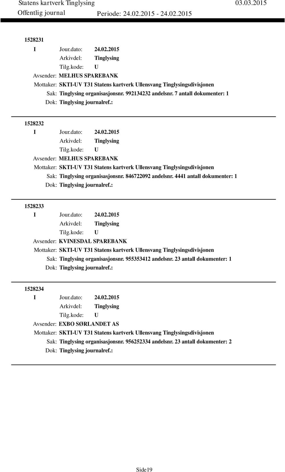 4441 antall dokumenter: 1 Dok: journalref.: 1528233 Avsender: KVINESDAL SPAREBANK Mottaker: SKTI-V T31 Statens kartverk llensvang sdivisjonen Sak: organisasjonsnr. 955353412 andelsnr.