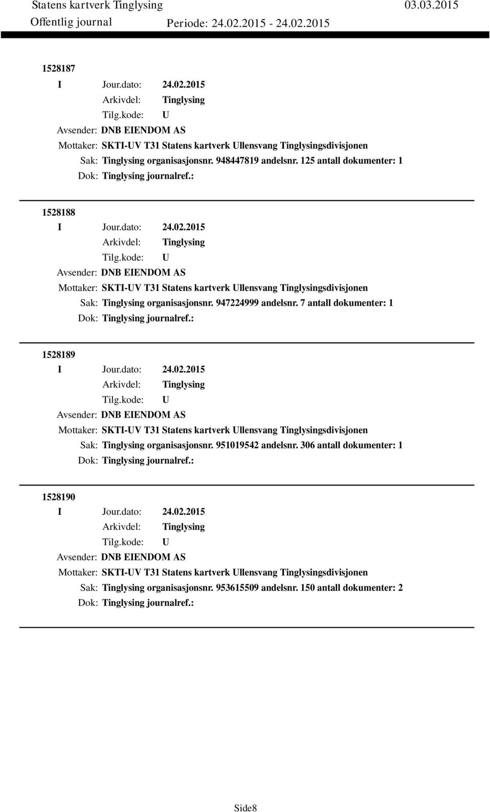 7 antall dokumenter: 1 Dok: journalref.: 1528189 Avsender: DNB EIENDOM AS Mottaker: SKTI-V T31 Statens kartverk llensvang sdivisjonen Sak: organisasjonsnr. 951019542 andelsnr.