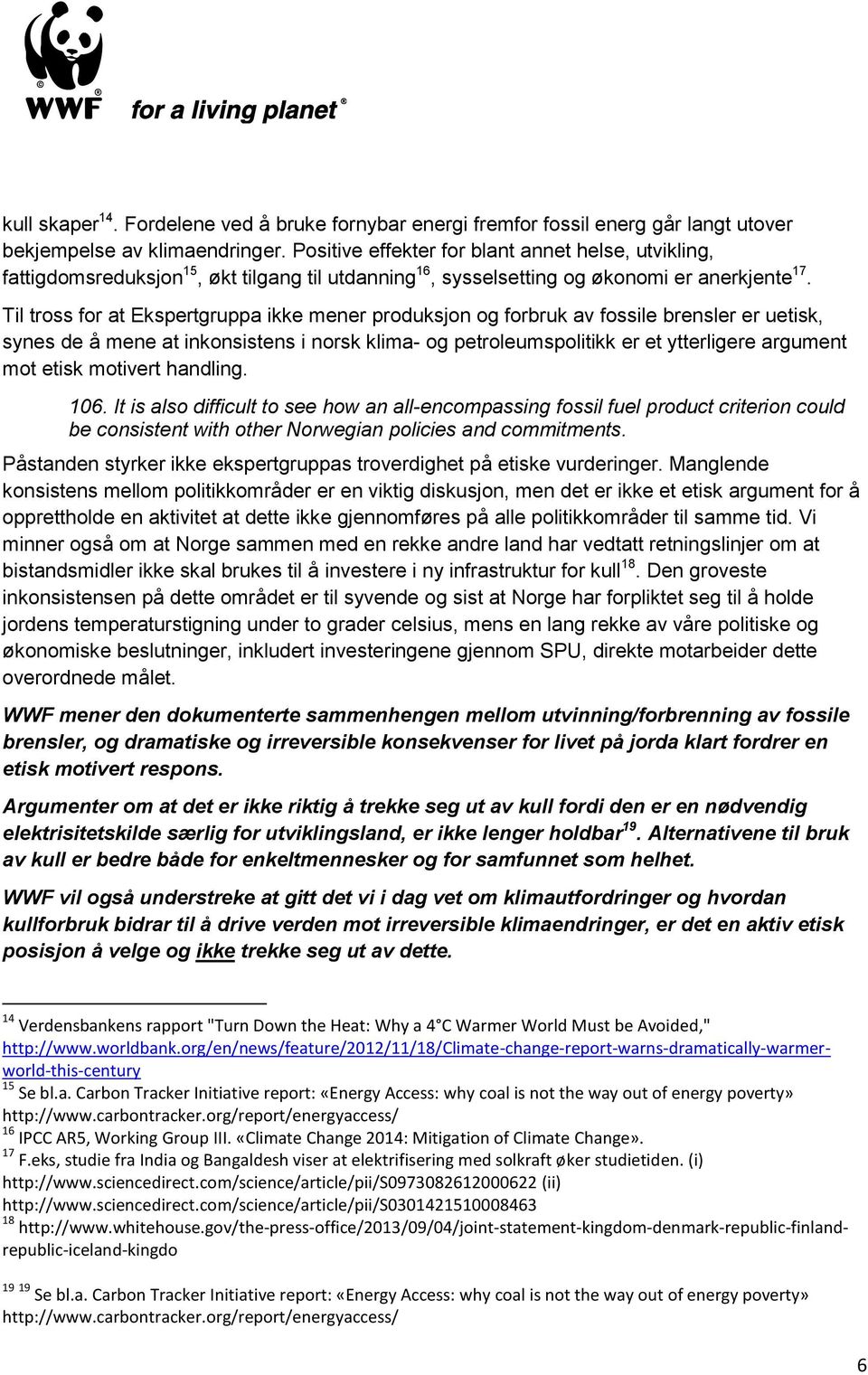 Til tross for at Ekspertgruppa ikke mener produksjon og forbruk av fossile brensler er uetisk, synes de å mene at inkonsistens i norsk klima- og petroleumspolitikk er et ytterligere argument mot